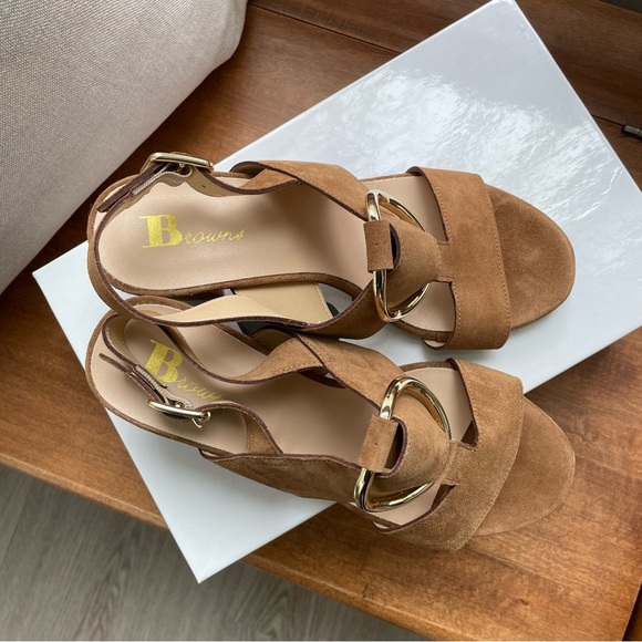 Browns Cuoio Cam Leather Heels with Gold Hardware - Picture 5 of 14